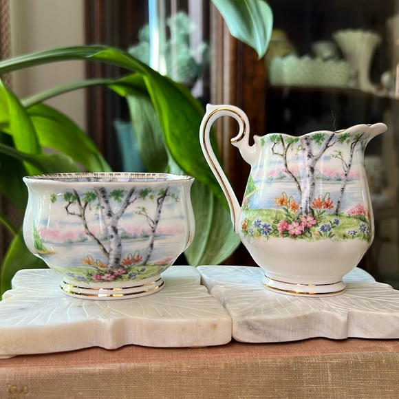 Vintage Royal Albert Silver Birch Mini Cream and Sugar Dish Bone China England - Picture 6 of 12